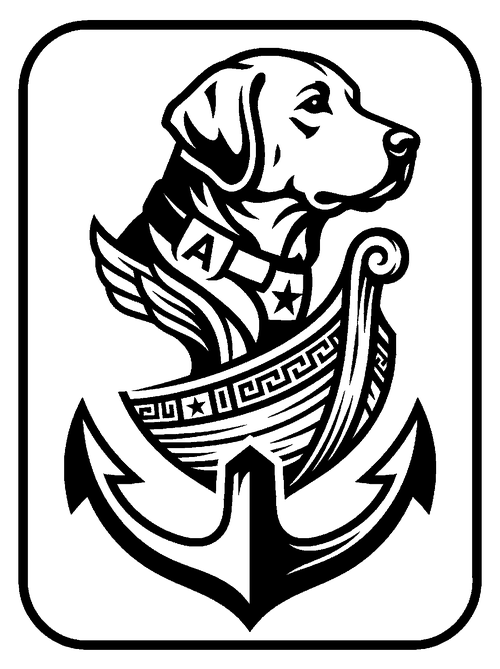 ARGO's crest: a Labrador in a service vest above a ship's prow and an anchor.