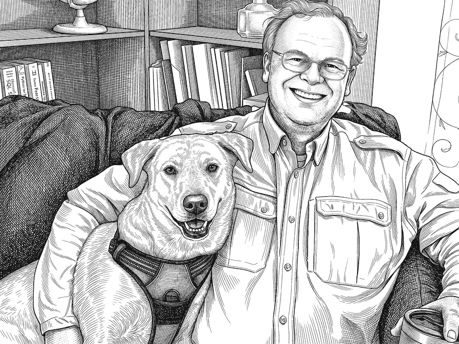 Ink engraving of JP Fremon smiling on a couch with his arm around Boone, a yellow Labrador mix in a harness, in front of a bookshelf.
