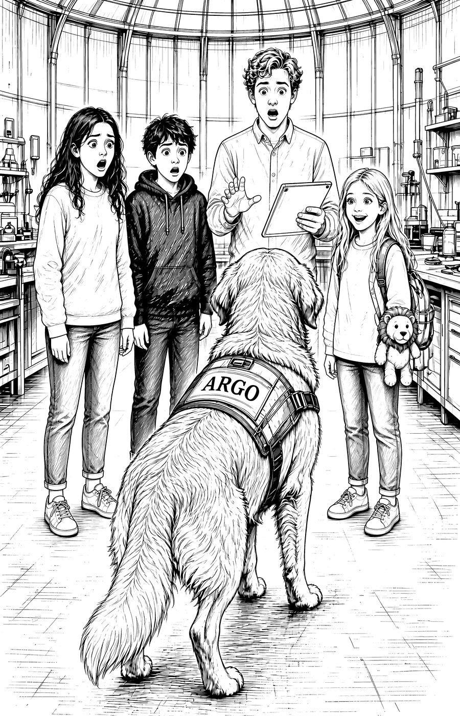Ink engraving seen from behind ARGO as the four cousins stare at him in astonishment in the workshop, Grant holding a tablet and Willa clutching her toy lion.