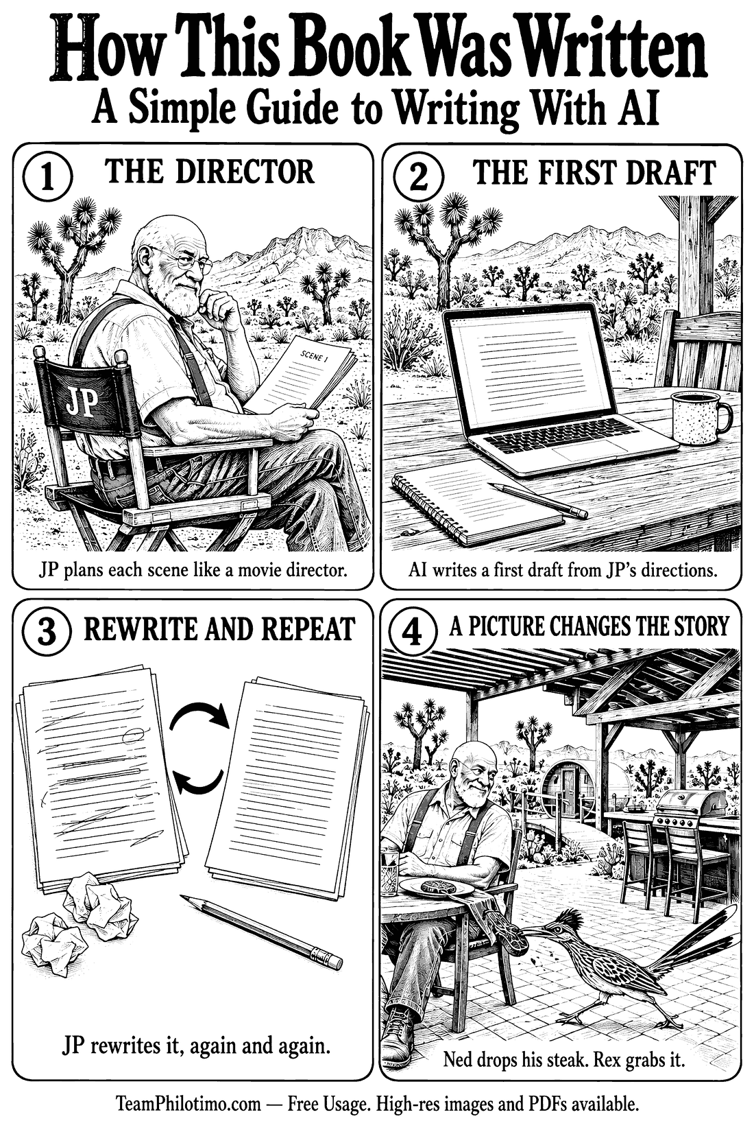 Infographic: How This Book Was Written, a simple guide to writing with AI. 1, The Director: JP plans each scene like a movie director. 2, The First Draft: AI writes a first draft from JP’s directions. 3, Rewrite and Repeat: JP rewrites it, again and again. 4, A Picture Changes the Story: Ned drops his steak. Rex grabs it.