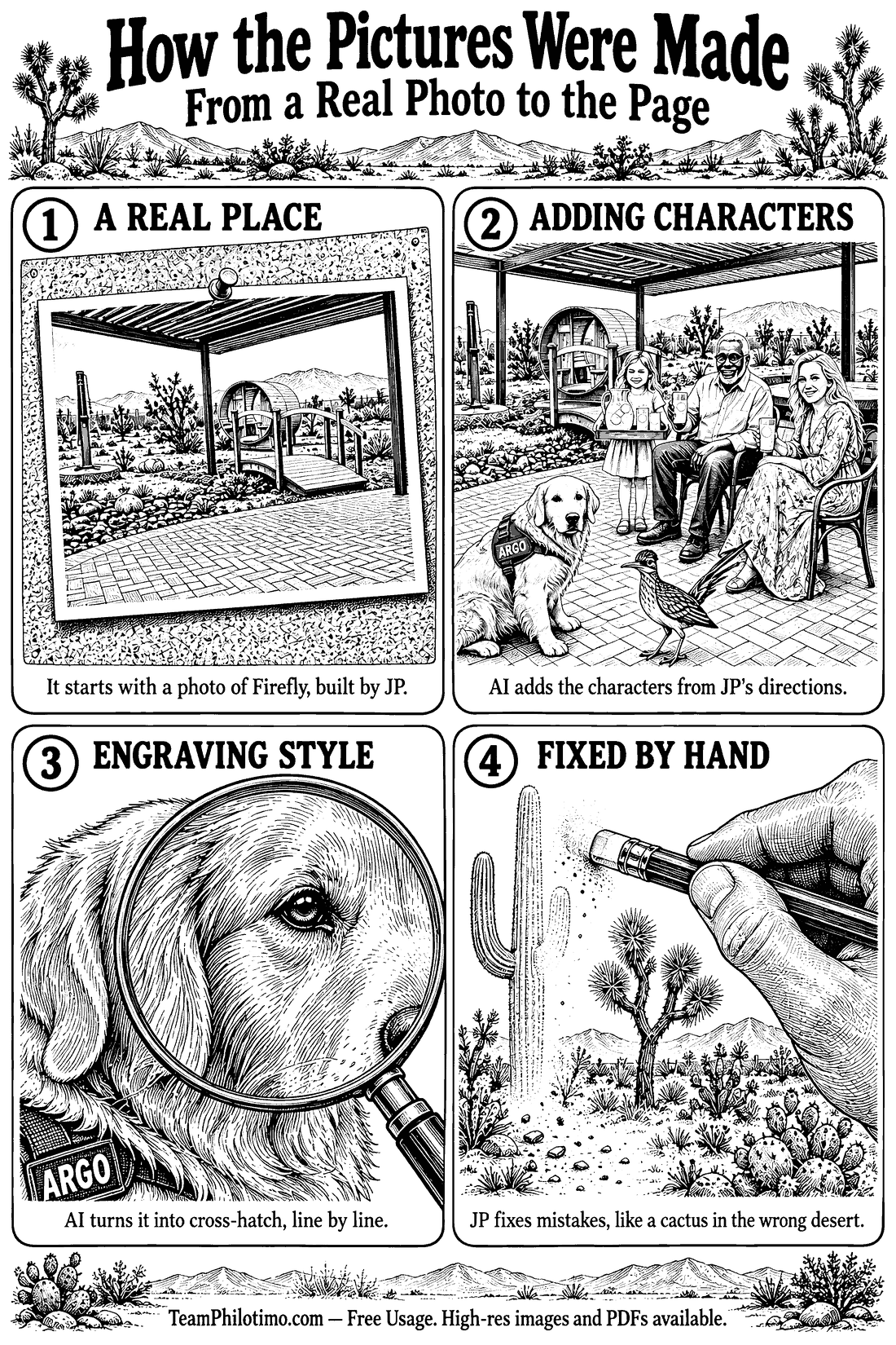 Infographic: How the Pictures Were Made, from a real photo to the page. 1, A Real Place: it starts with a photo of Firefly, built by JP. 2, Adding Characters: AI adds the characters from JP’s directions. 3, Engraving Style: AI turns it into cross-hatch, line by line. 4, Fixed by Hand: JP fixes mistakes, like a cactus in the wrong desert.