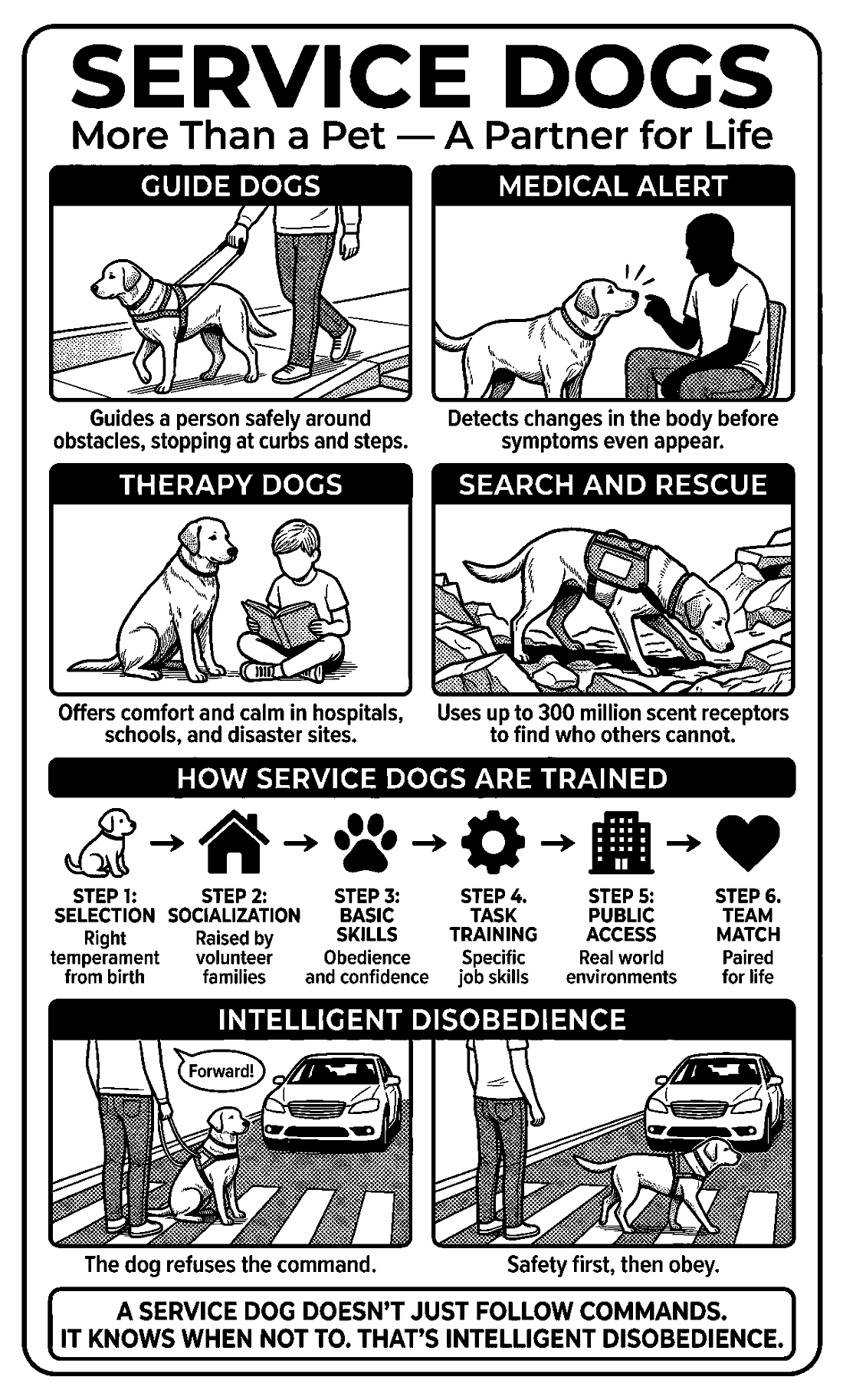 Infographic: Service Dogs, More Than a Pet. Guide dogs, medical alert dogs, therapy dogs, search and rescue, and how service dogs are trained.