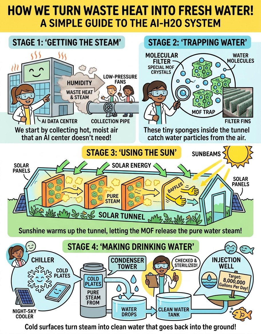 Color infographic: How we turn waste heat into fresh water. Stage 1 collects steam from an AI data center, stage 2 traps water in MOF crystals, stage 3 uses the sun to release pure steam, stage 4 condenses it into clean water that goes back into the ground.