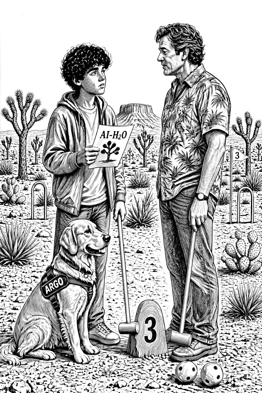 Ink engraving of Leo holding an AI-H2O sheet and talking with a tall man in a palm-print shirt beside the number 3 stone of the Mallotimo Seven course, ARGO sitting at Leo's side.