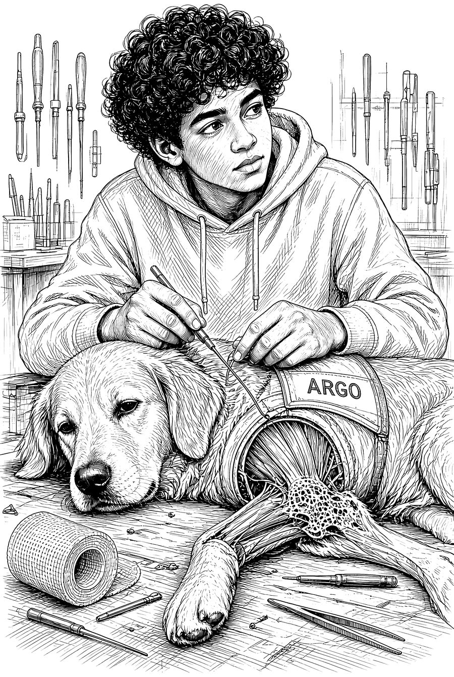 Ink engraving of Leo carefully repairing ARGO's leg on a workbench, the fiber muscles visible inside, tools laid out around them.