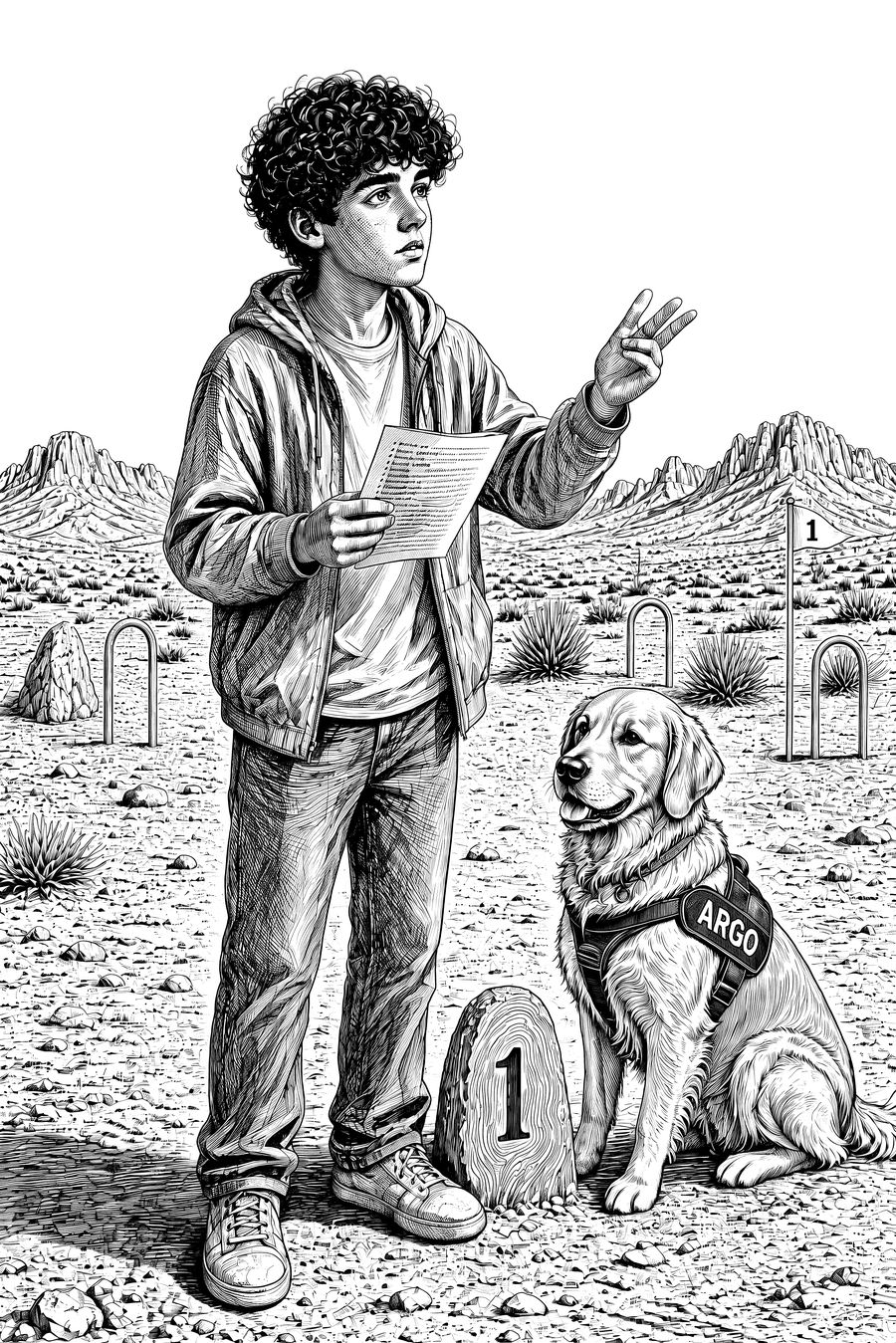 Ink engraving of Leo reading the rules and holding up three fingers beside ARGO at the first numbered stone of the Mallotimo Seven course.