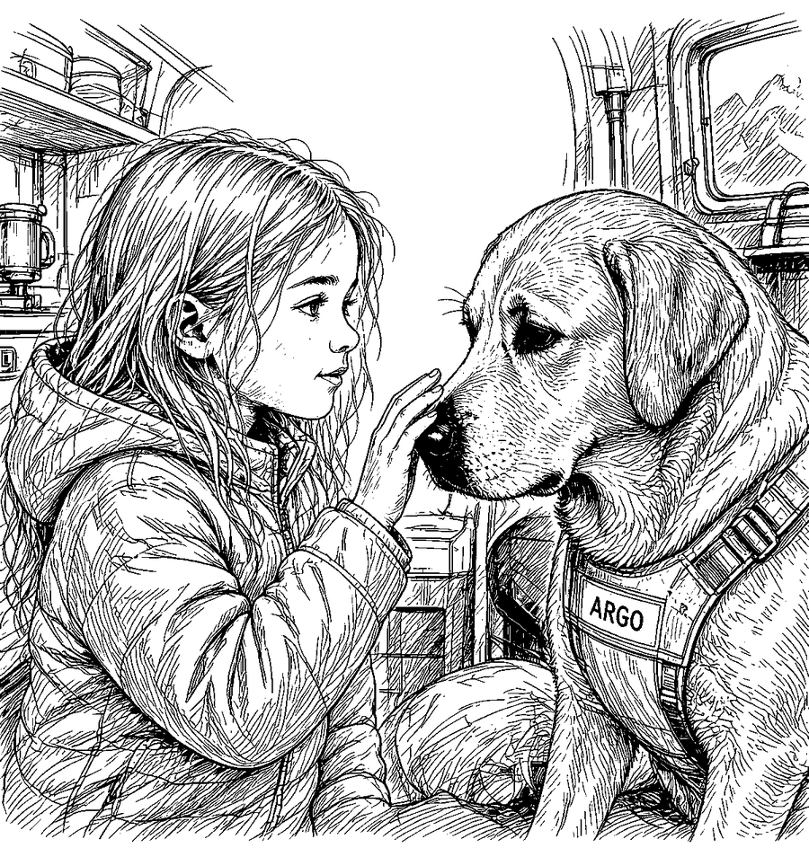 Ink engraving of Willa nose to nose with ARGO, who wears his service vest.