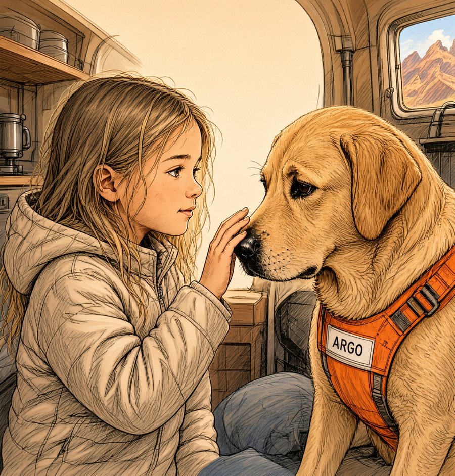 Color illustration of Willa, with long light-brown hair, touching ARGO's nose inside Zephyrina, ARGO in his service vest, mountains through the window.