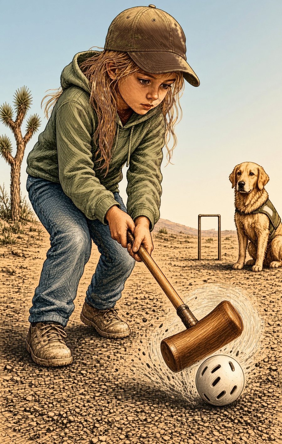 Color illustration of Willa, with long light-brown hair, in a cap and green hoodie swinging a wooden mallet at a white ball on a desert course, with ARGO watching beside a hoop and a Joshua tree behind.