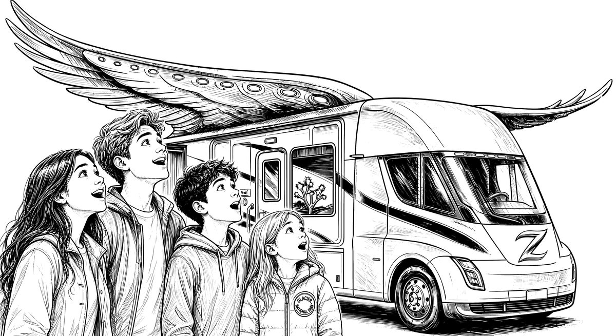 Ink engraving of the four cousins staring up at Zephyrina, a sleek motorhome with huge feathered solar wings.