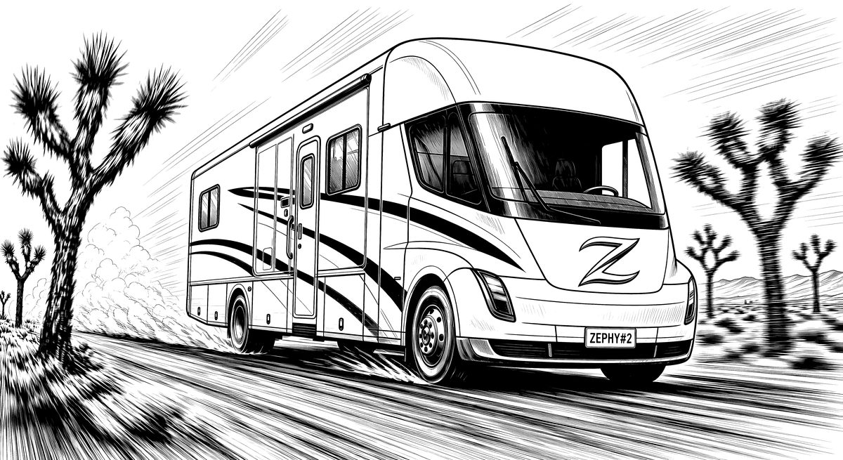 Ink engraving of Zephyrina driving along a desert highway with Joshua trees.