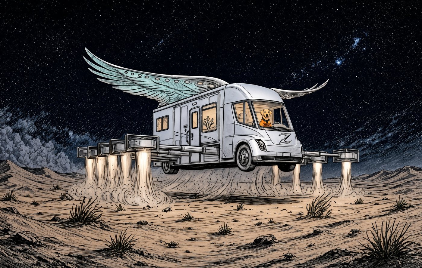Color illustration of Zephyrina lifting off the desert floor at night on glowing thrusters, silver wings spread under a starry sky, with ARGO at the wheel.