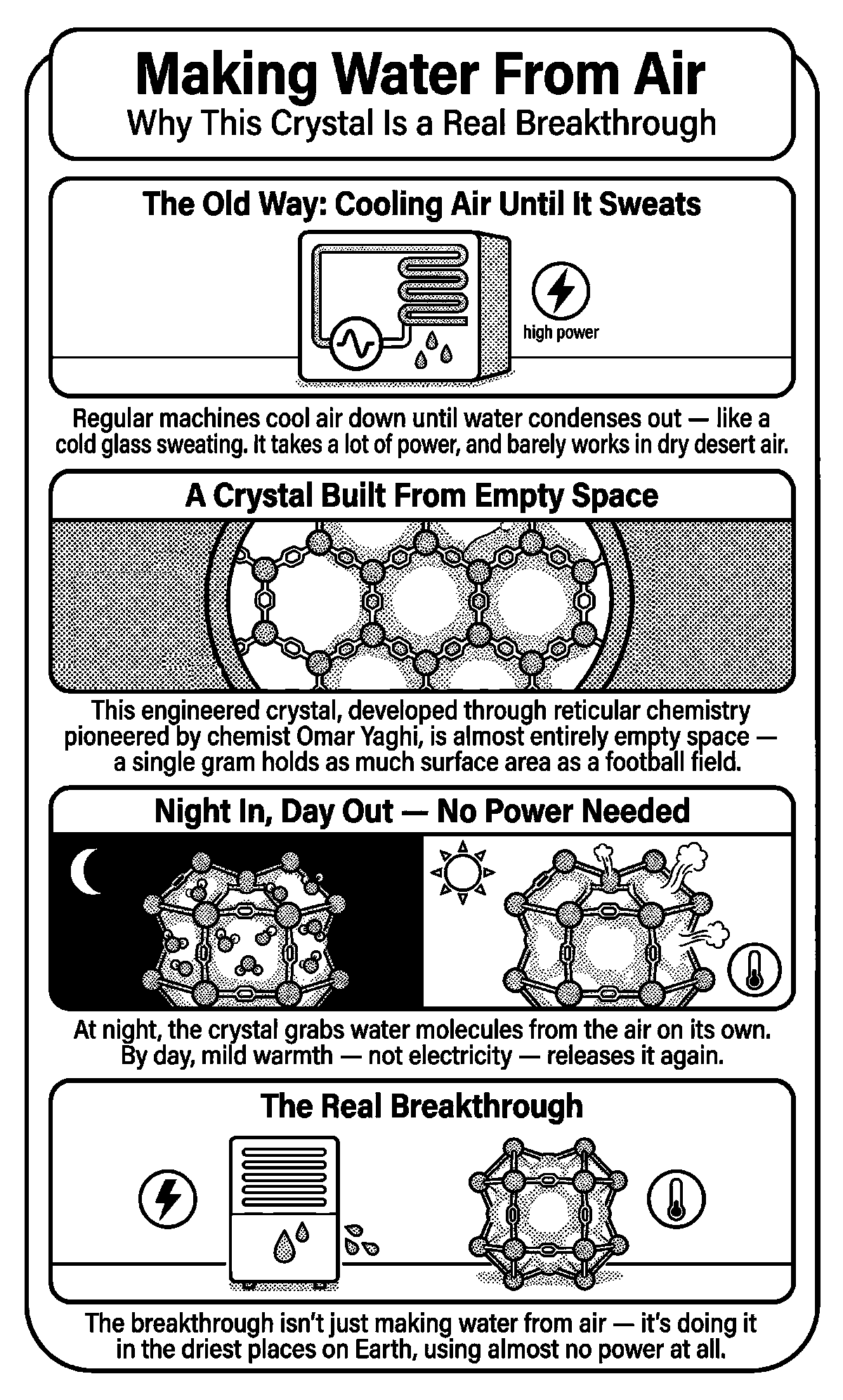 Infographic: Making Water From Air. The old way of cooling air compared with crystals that capture water at night and release it by day.