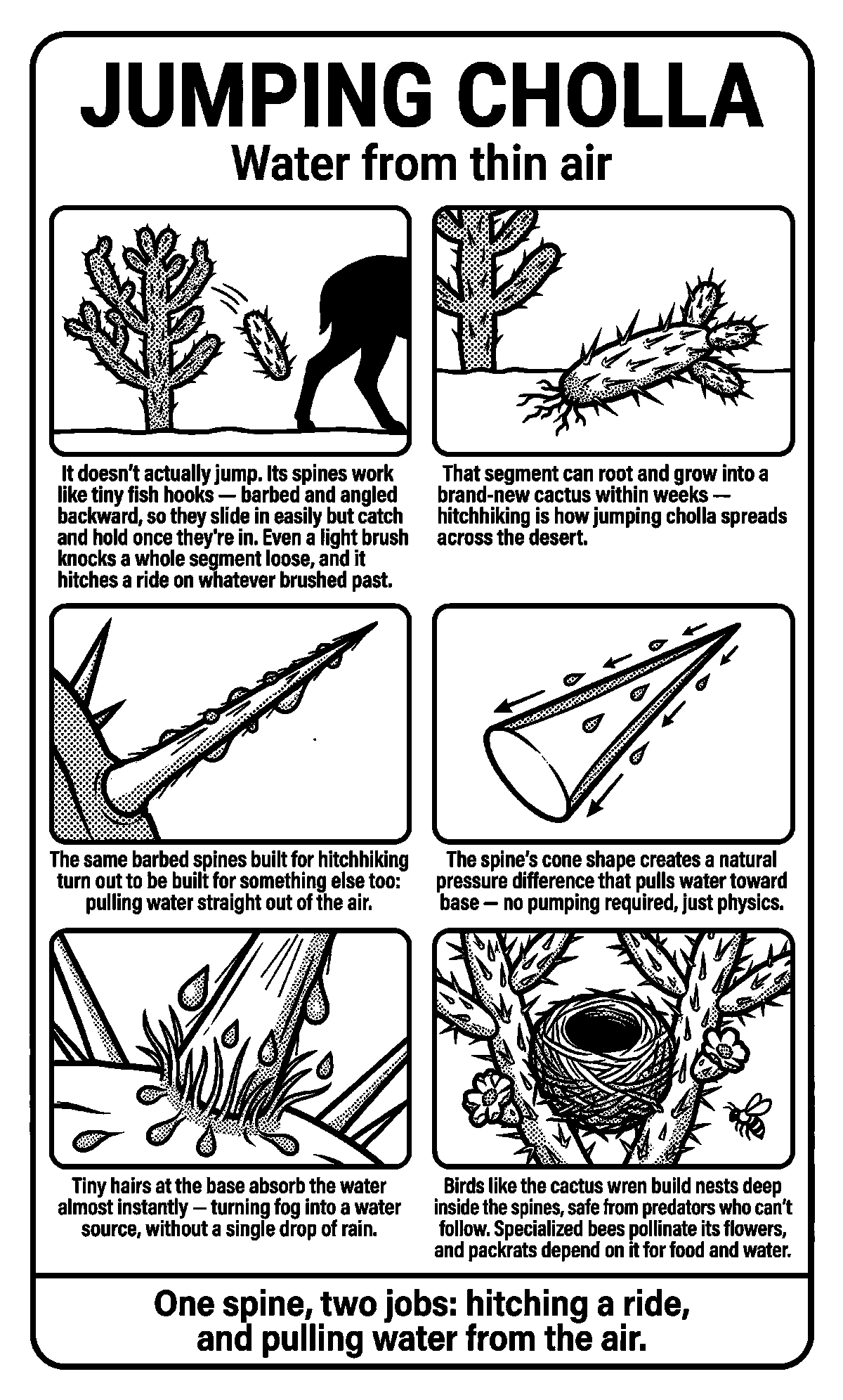 Infographic: Jumping Cholla, water from thin air. How the cactus spines hitch rides and pull water from the air.