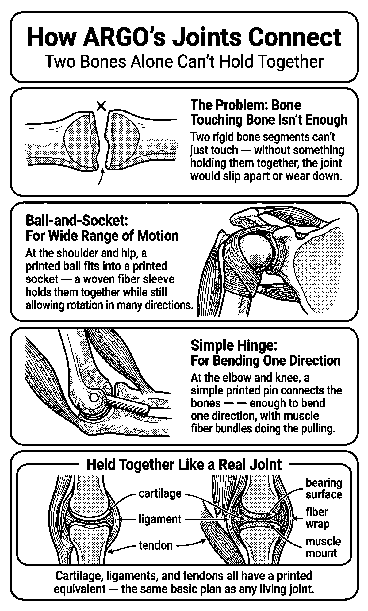 Infographic: How ARGO's Joints Connect. Ball-and-socket and hinge joints compared with a real dog's.